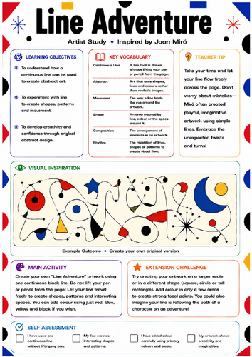 Joan Miró Line Adventure Worksheet | Continuous Line Abstract Art | KS3