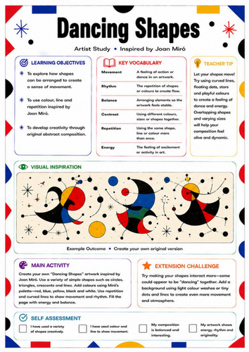 Joan Miró Dancing Shapes Worksheet | Movement & Rhythm Art Activity | KS3
