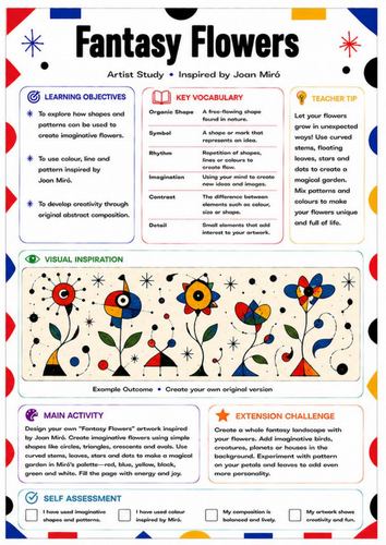 Joan Miró Fantasy Flowers Worksheet | Imaginative Floral Art Activity | KS3