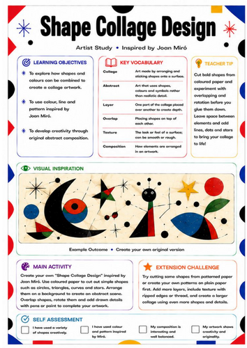 Joan Miró Shape Collage Worksheet | Abstract Cut & Stick Art Activity | KS3