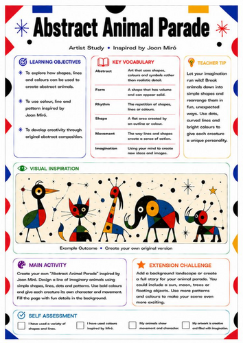 Joan Miró Abstract Animal Parade Worksheet | Creative Animal Art | KS3