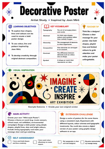 Joan Miró Decorative Poster Worksheet | Abstract Graphic Design Activity | KS3