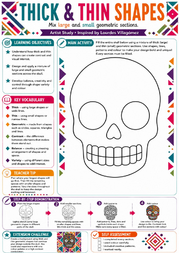 Thick & Thin Shapes – Geometric Sugar Skull Art Worksheet
