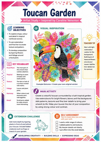 Caroline Venenice Toucan Garden Art Worksheet | KS3 Tropical Art