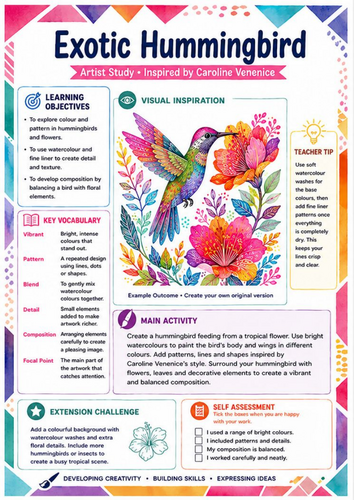 Caroline Venenice Exotic Hummingbird Art Worksheet | KS3 Watercolour