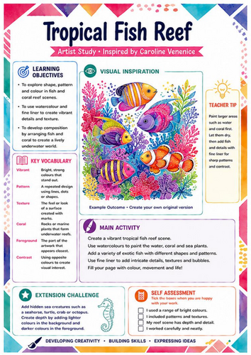 Caroline Venenice Tropical Fish Reef Art Worksheet | KS3 Watercolour