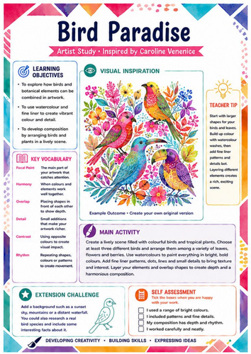 Caroline Venenice Bird Paradise Art Worksheet | KS3 Birds, Colour & Pattern