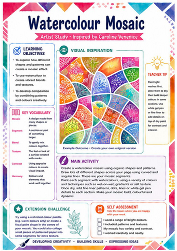 Caroline Venenice Watercolour Mosaic Art Worksheet | KS3 Colour & Pattern