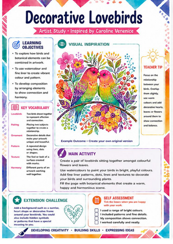 Caroline Venenice Decorative Lovebirds Art Worksheet | KS3 Colour & Pattern