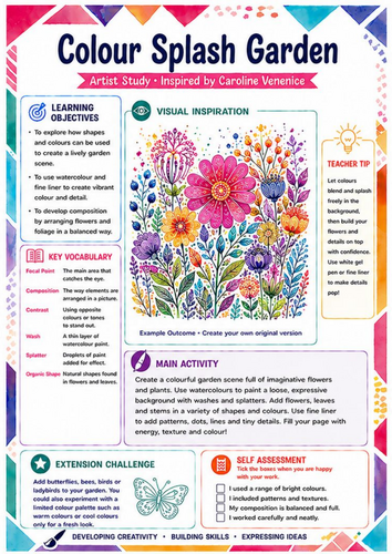 Caroline Venenice Colour Splash Garden Art Worksheet | KS3 Watercolour