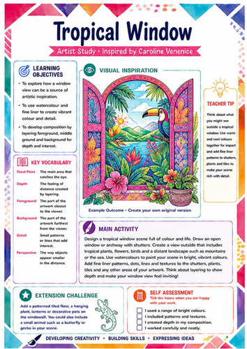 Caroline Venenice Tropical Window Art Worksheet | KS3 Perspective & Colour