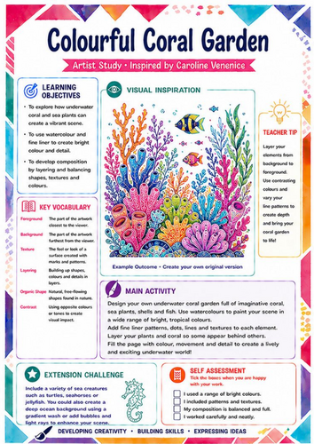 Caroline Venenice Colourful Coral Garden Worksheet | KS3 Underwater Art