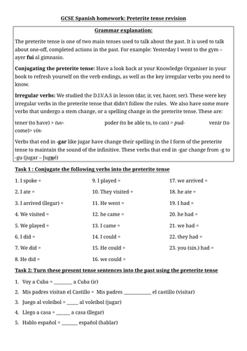 Spanish preterite tense worksheet | GCSE Spanish | KS3 Spanish | WITH ANSWERS