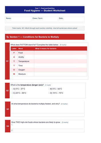 KS3 Food Safety and Hygiene Worksheet Year 7/8