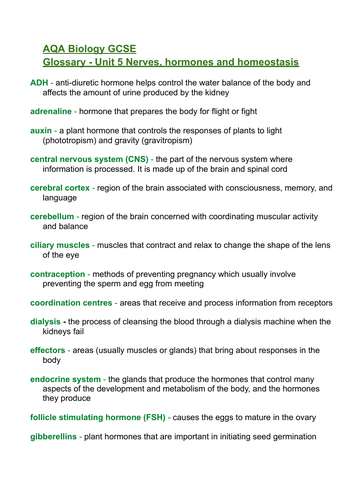 Unit 5 Homeostasis and Response Key Words Glossary