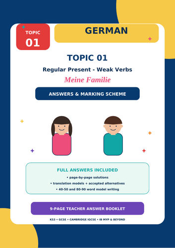 German Present Tense Regular Weak Verbs | Meine Familie | 9-Page Workbook + Answers