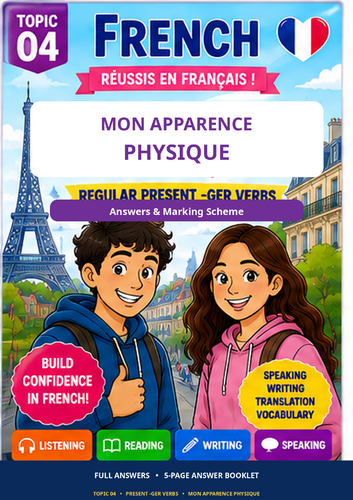 French Regular Present -RE Verbs + Ma personnalité | KS3 GCSE MYP IB Workbook + Answers