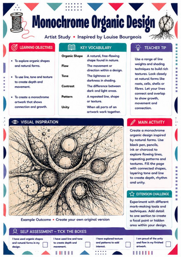 Louise Bourgeois Monochrome Organic Design Worksheet | KS3 Drawing
