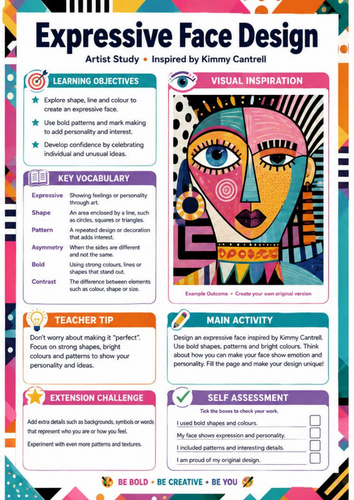Kimmy Cantrell Inspired Expressive Face Design | KS3 Art Portrait Worksheet