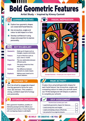Kimmy Cantrell Bold Geometric Features | Shape & Portrait KS3 Art Worksheet