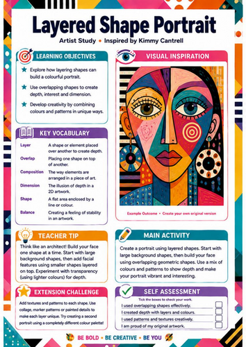 Kimmy Cantrell Layered Shape Portrait | Creative KS3 Art Worksheet