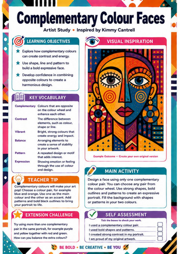 Kimmy Cantrell Complementary Colour Faces | KS3 Colour Theory Art Worksheet
