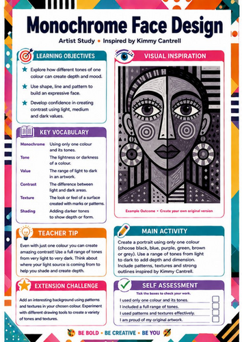 Kimmy Cantrell Monochrome Face Design | Tone & Portrait KS3 Art Worksheet