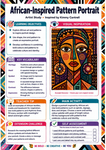 Kimmy Cantrell African-Inspired Pattern Portrait | KS3 Art & Pattern Worksheet