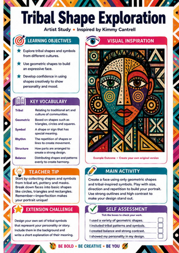 Kimmy Cantrell Tribal Shape Exploration | Geometric Portrait KS3 Art Worksheet