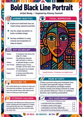 Kimmy Cantrell Bold Black Line Portrait | Line & Pattern KS3 Art Worksheet