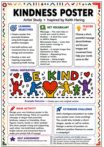 Keith Haring Inspired Kindness Poster – Positive Message Art Worksheet