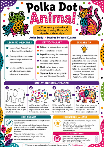Yayoi Kusama Polka Dot Animal Worksheet | KS3 Pattern & Animal Art