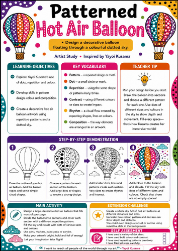 Yayoi Kusama Patterned Hot Air Balloon Worksheet | KS3 Pattern & Colour Art