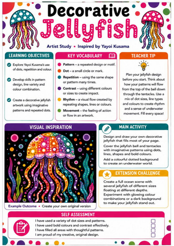 Yayoi Kusama Decorative Jellyfish Worksheet | KS3 Pattern & Underwater Art