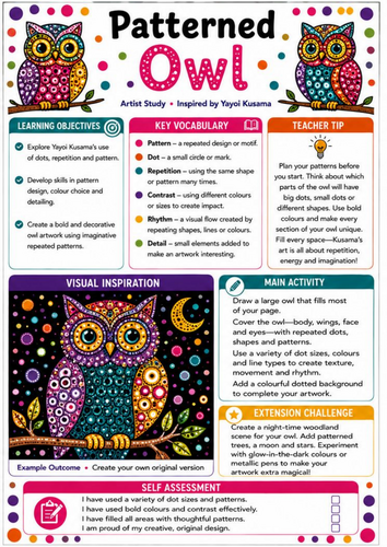 Yayoi Kusama Patterned Owl Worksheet | KS3 Animal Pattern & Colour Art