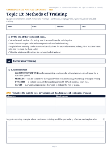 Cambridge IGCSE Physical Education (0413) Topic 13: Methods of Training Revision & Practice Booklet