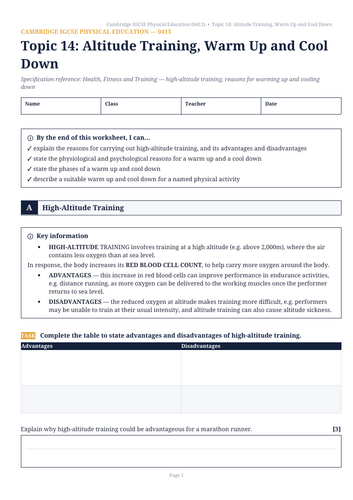 Cambridge IGCSE Physical Education (0413) Topic 14: Altitude Training, Warm Up & Cool Down Revision