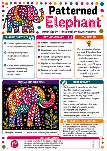 Yayoi Kusama Patterned Elephant Worksheet | KS3 Animal Pattern & Colour Art