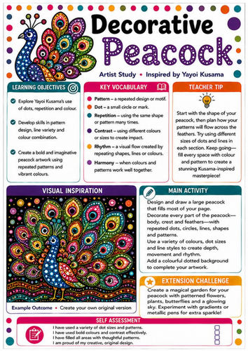 Yayoi Kusama Decorative Peacock Worksheet | KS3 Pattern & Colour Art
