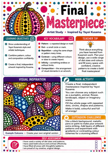 Yayoi Kusama Final Masterpiece Worksheet | KS3 Independent Artist Study Art Project