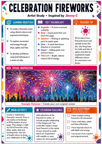 Jimmy C Inspired Celebration Fireworks Worksheet | Colour, Movement & Cityscape | KS3 Art