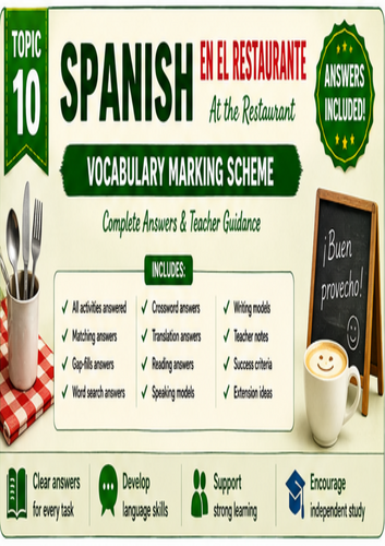 2. Spanish En el Restaurante Vocabulary | KS3 GCSE IGCSE IB MYP Workbook + Answers