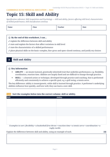 Cambridge IGCSE Physical Education (0413) — Topic 15: Skill and Ability