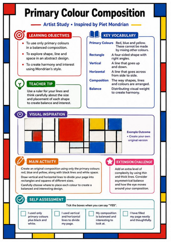 Piet Mondrian Primary Colour Composition | KS3 Art Worksheet & Cover Lesson