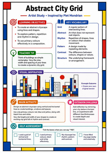 Piet Mondrian Abstract City Grid | KS3 Art Worksheet & Cover Lesson