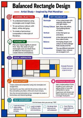 Piet Mondrian Balanced Rectangle Design | KS3 Art Worksheet
