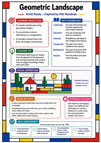 Piet Mondrian Geometric Landscape | KS3 Art Worksheet & Cover Lesson