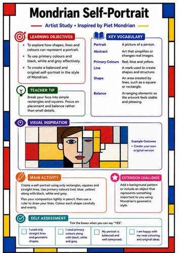 Piet Mondrian Self Portrait | KS3 Portrait Art Worksheet & Cover Lesson