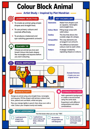 Piet Mondrian Colour Block Animal | KS3 Art Worksheet & Cover Lesson