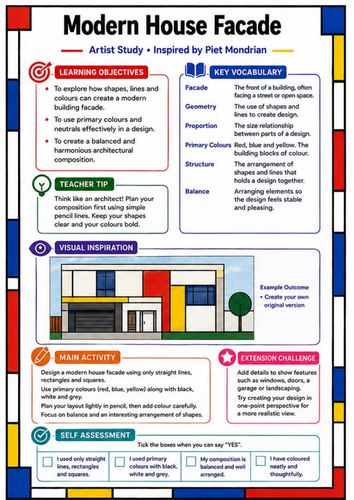 Piet Mondrian Modern House Facade | KS3 Architecture Art Worksheet